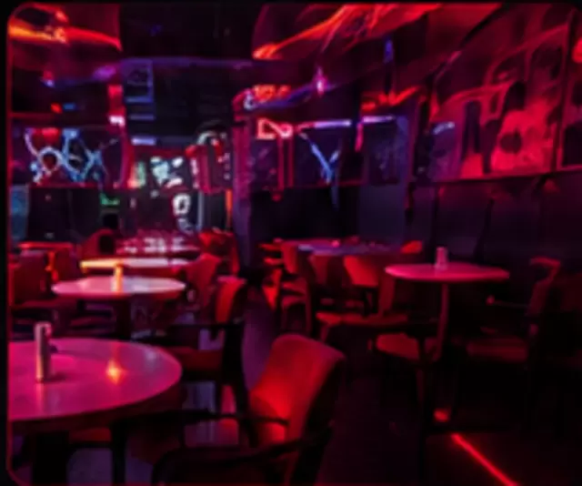 Kırmızı neon lounge ve masa düzeni